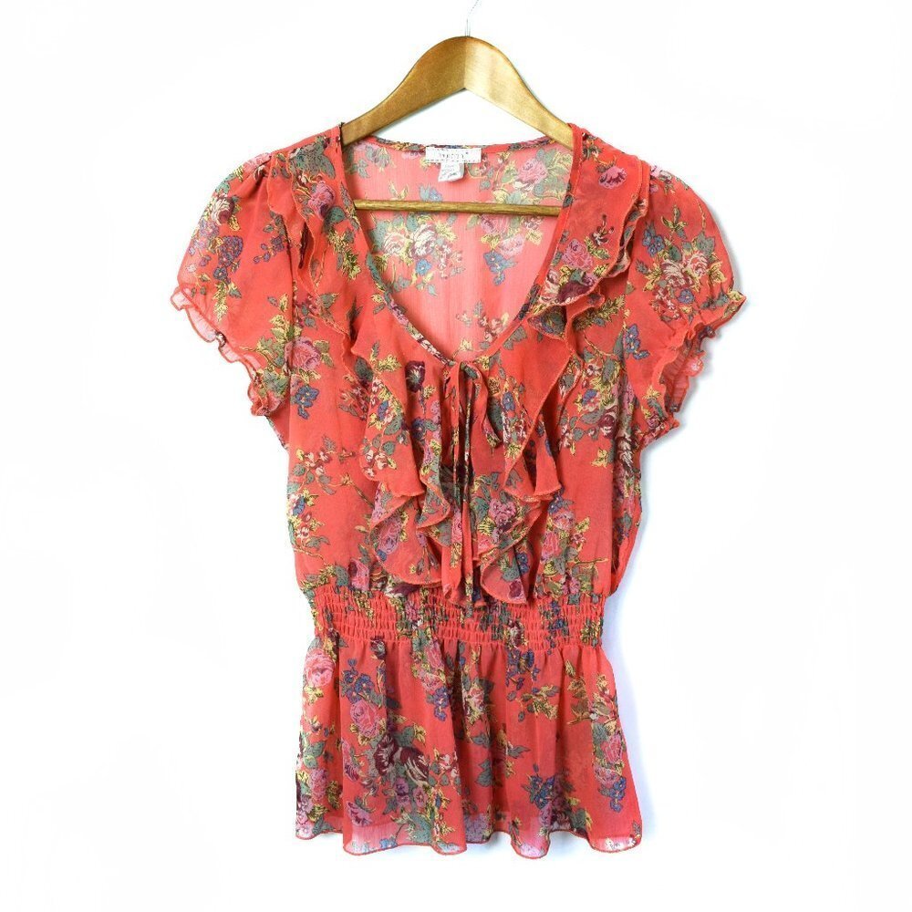 Poetry Floral Semi Sheer Coral Peplum Blouse Medium